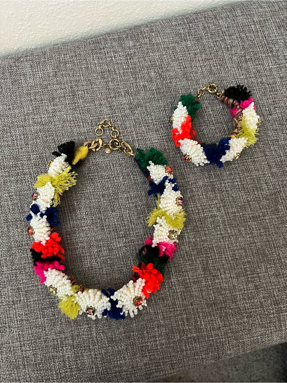 NWOT HTF Rare J Crew Multi-Color Pom Pom Beaded Necklace and Bracelet Set